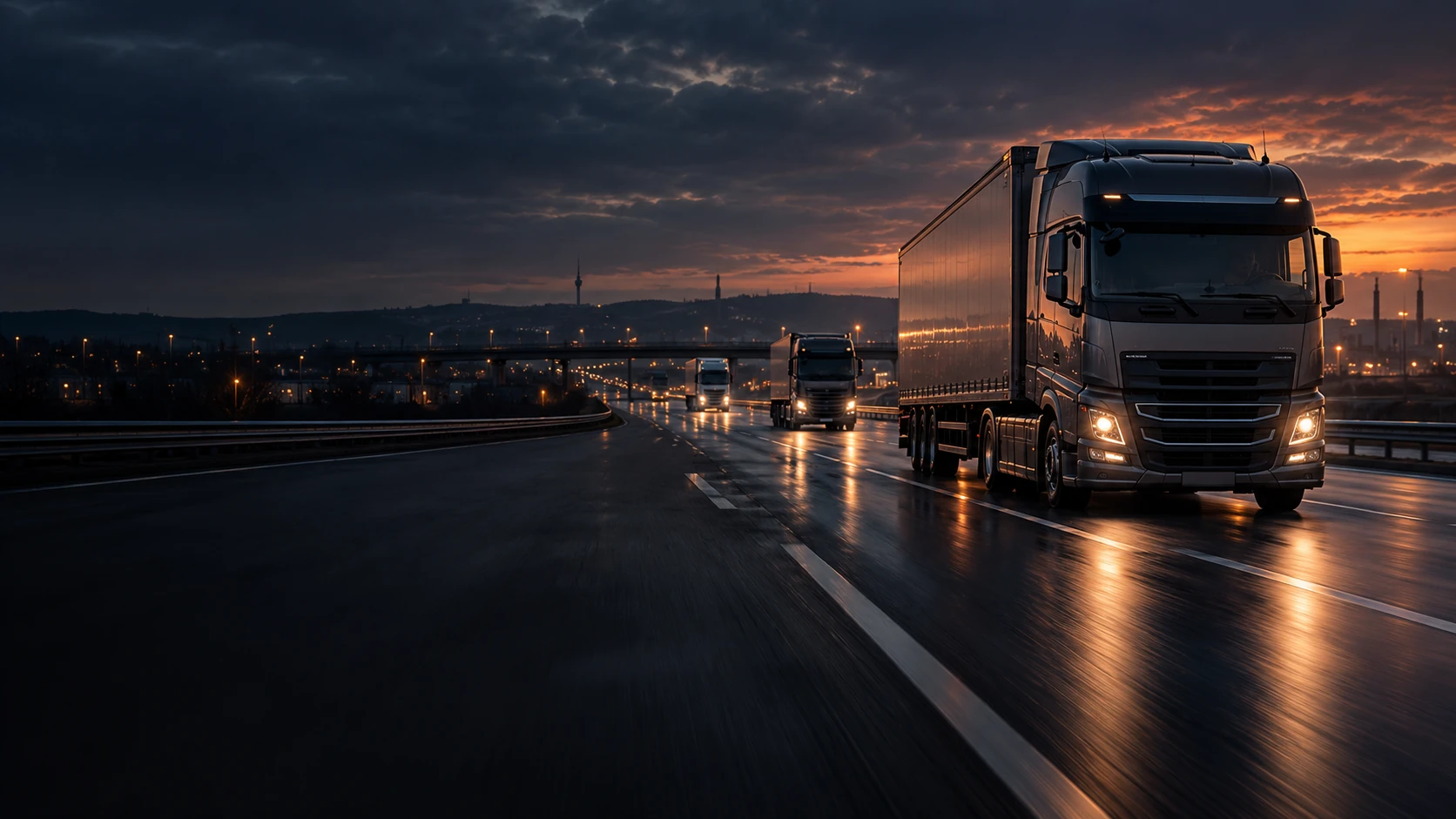 Lkw auf einer deutschen Autobahn bei Sonnenuntergang